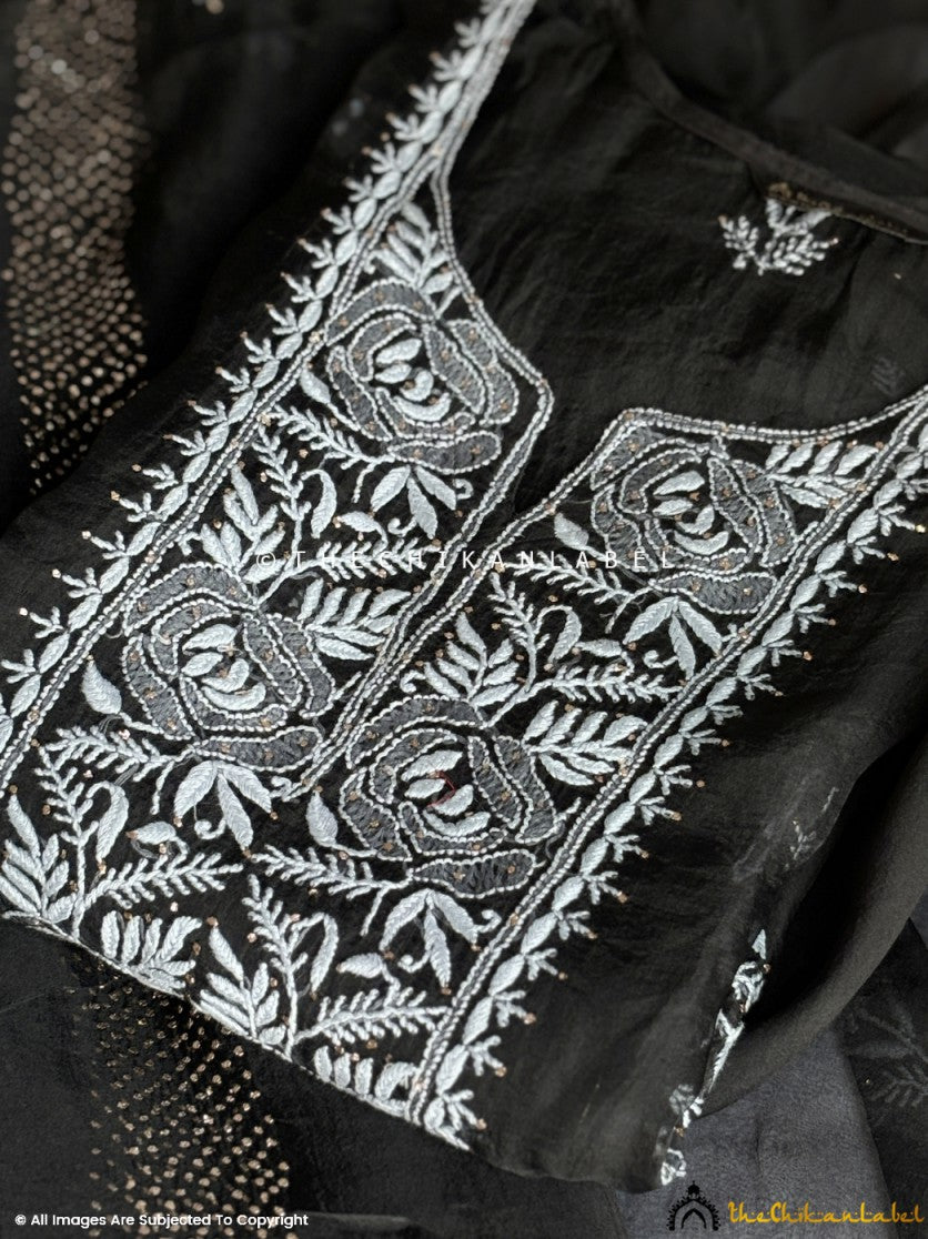 Black Safina Semi-Stitched Organza Chikankari Suit