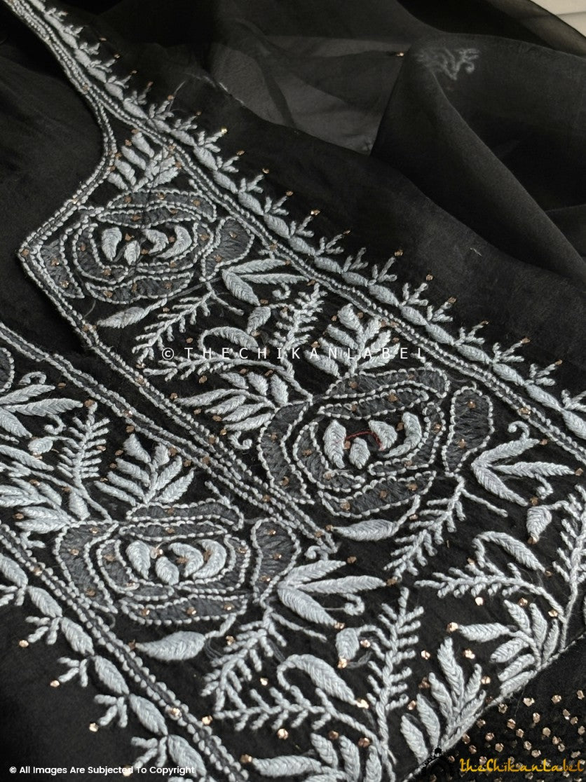 Black Safina Semi-Stitched Organza Chikankari Suit