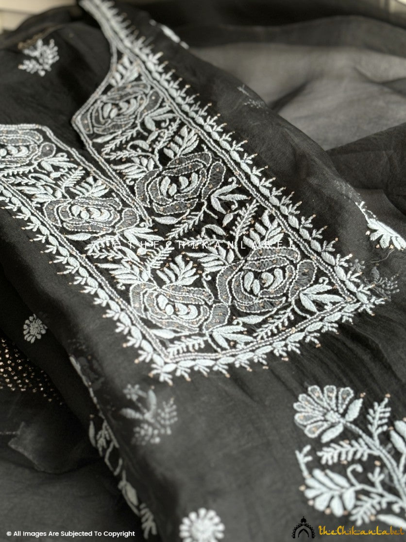 Black Safina Semi-Stitched Organza Chikankari Suit