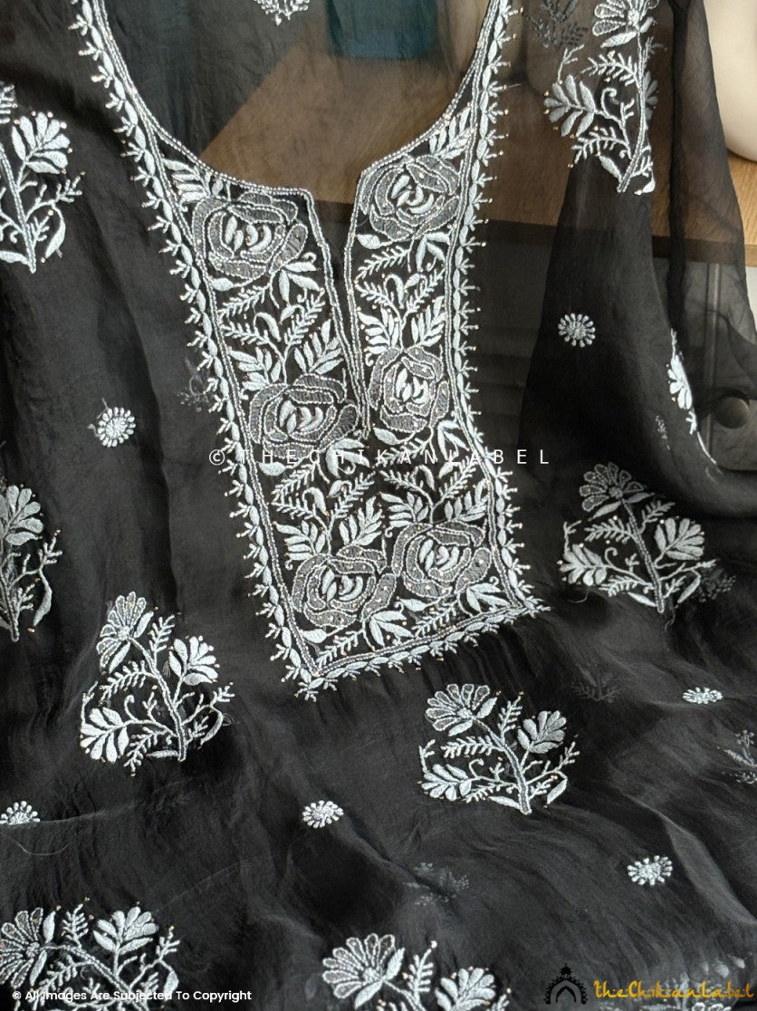 Black Safina Semi-Stitched Organza Chikankari Suit