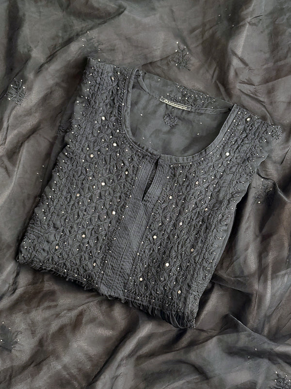 Ahilya Organza Chikankari Kurta Set - Black