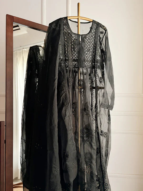 Ahilya Organza Chikankari Kurta Set - Black