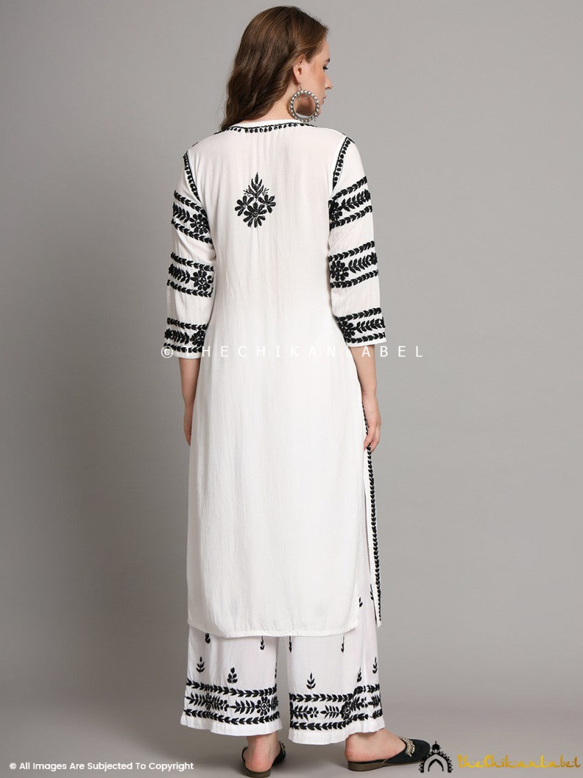 Black On White Chavvi Rayon Chikankari Kurti Palazzo Set