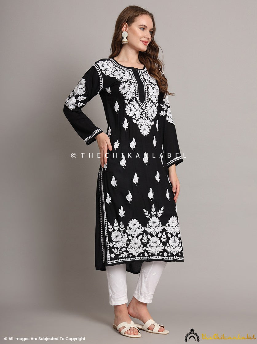 Black Sanaya Modal Chikankari Straight Kurti