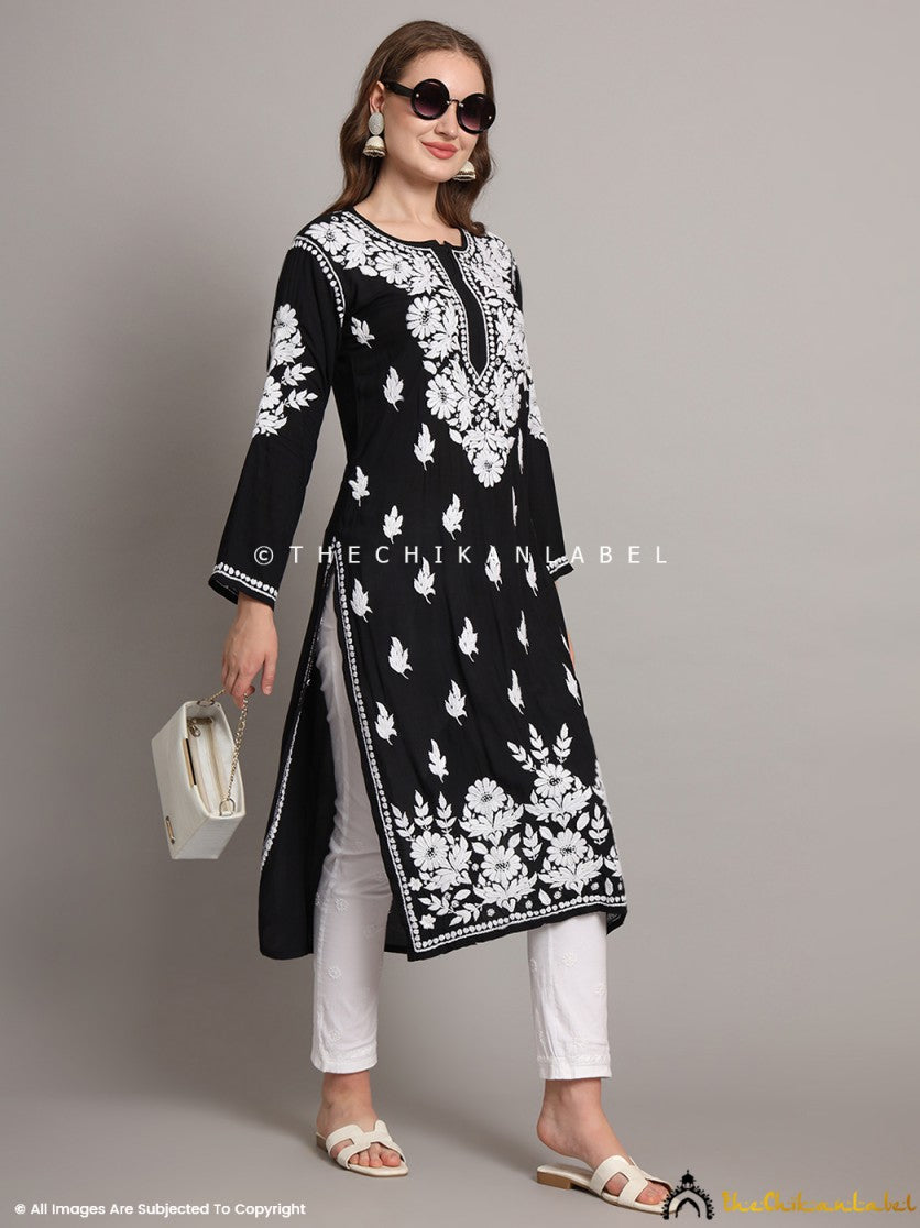 Black Sanaya Modal Chikankari Straight Kurti