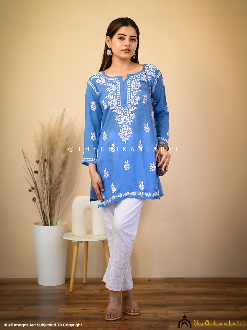 Blue Nazak Modal Chikankari Short Kurta ,Chikankari Short Kurta in Modal Fabric For Woman