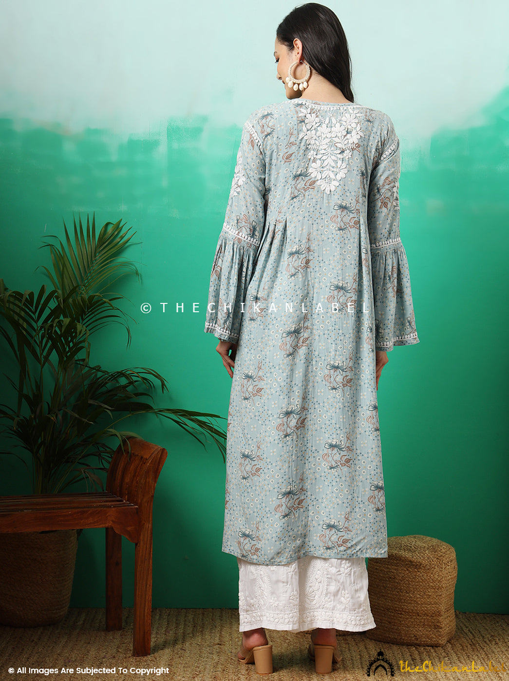 Blue Zoha Mulmul Cotton Chikankari A-Line Kurti