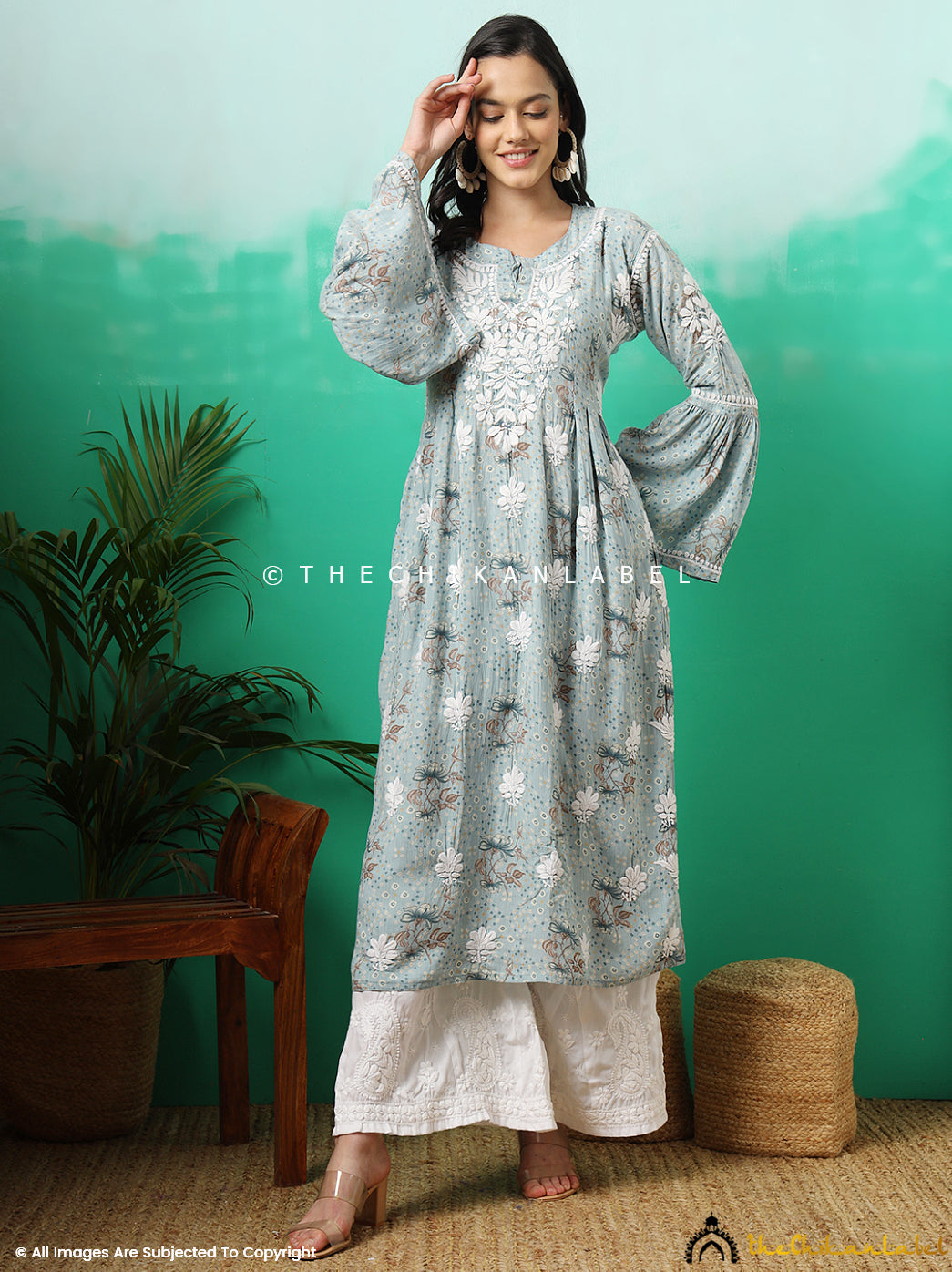 Blue Zoha Mulmul Cotton Chikankari A-Line Kurti