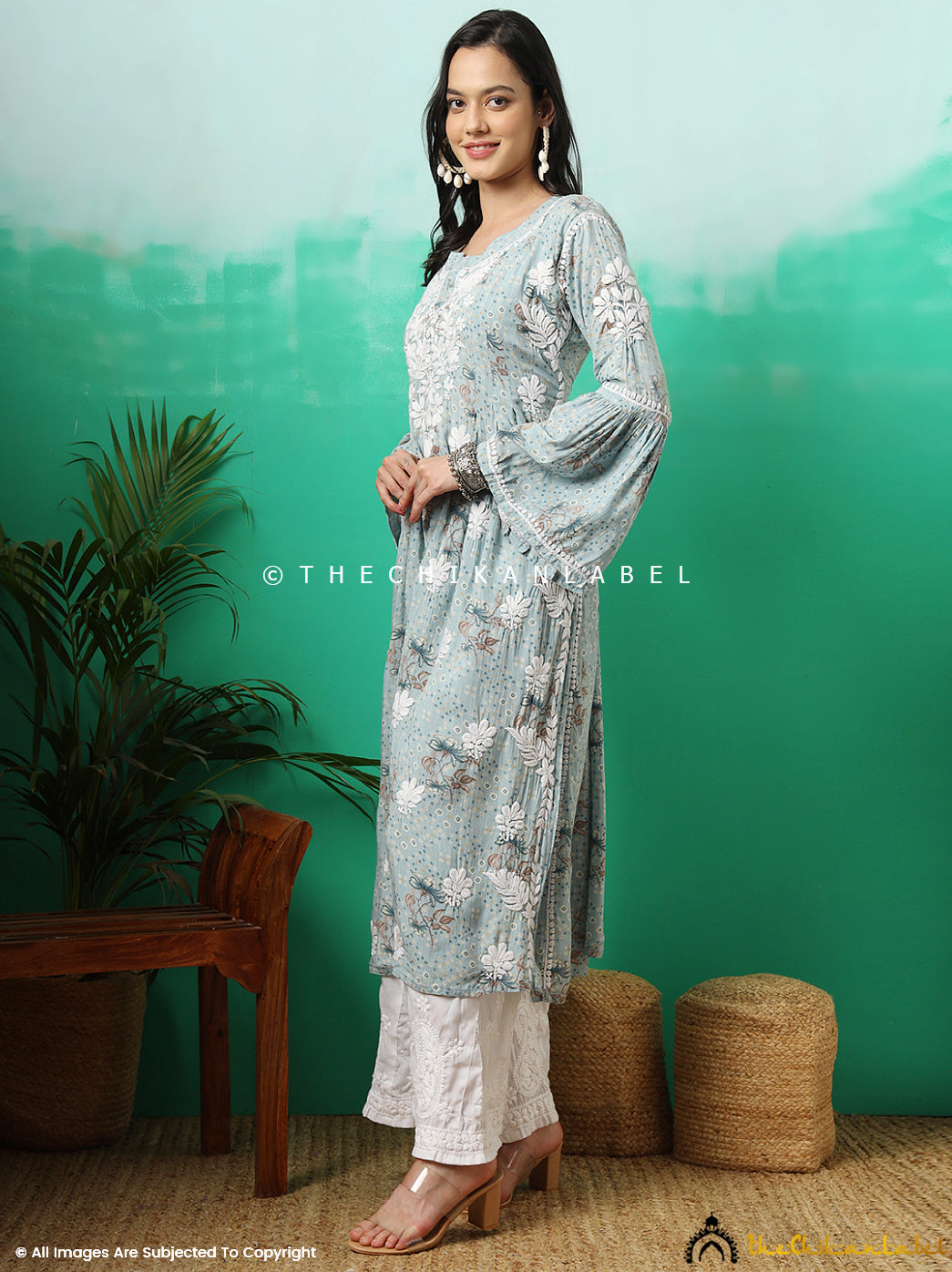 Blue Zoha Mulmul Cotton Chikankari A-Line Kurti