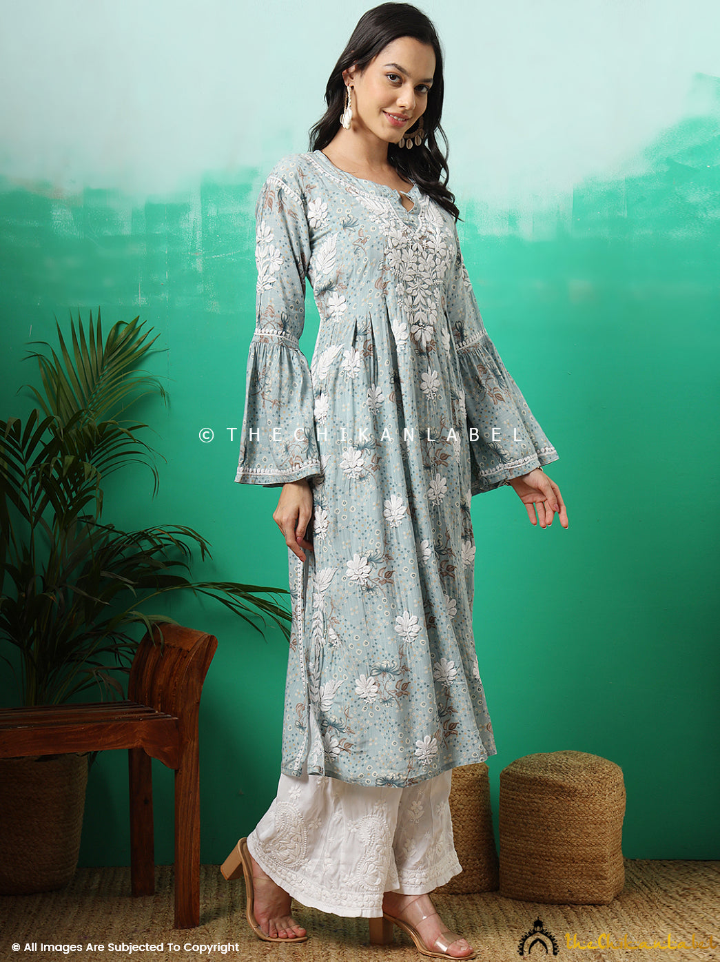 Blue Zoha Mulmul Cotton Chikankari A-Line Kurti