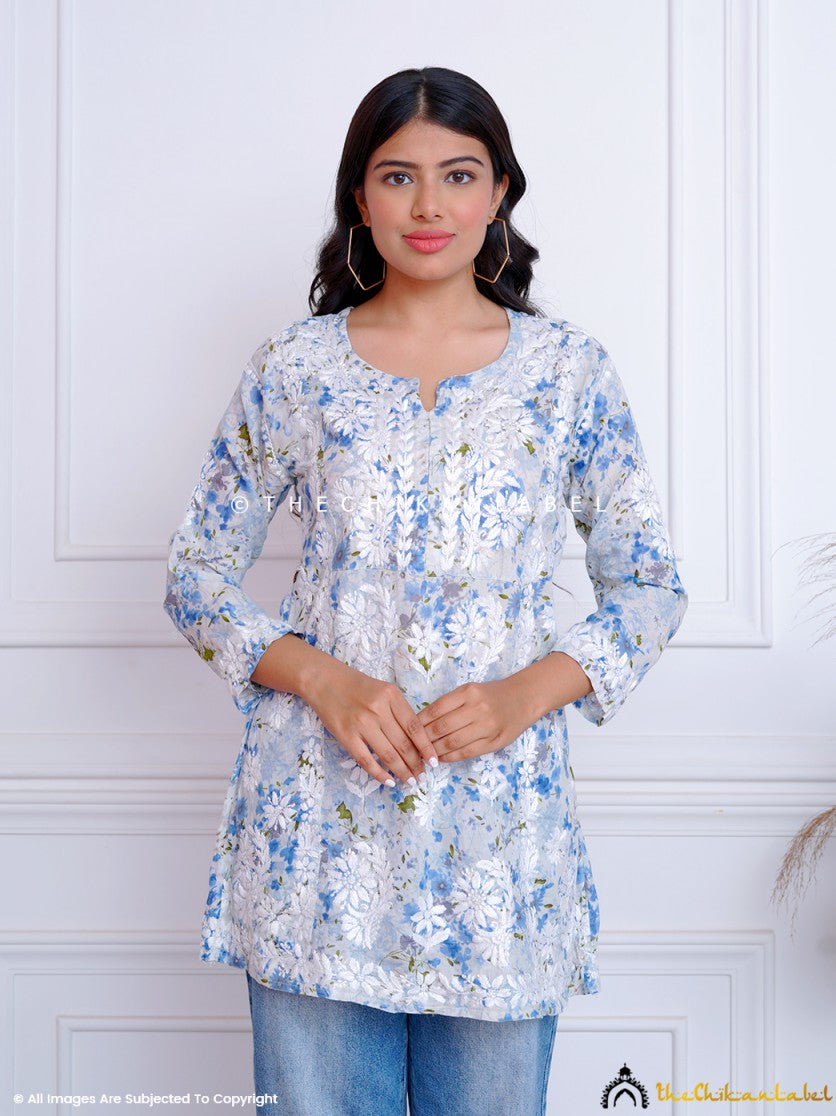 Blue Aadila Mulmul Cotton Chikankari Short Top ,Chikankari Short Top in Mulmul Cotton Fabric For Woman