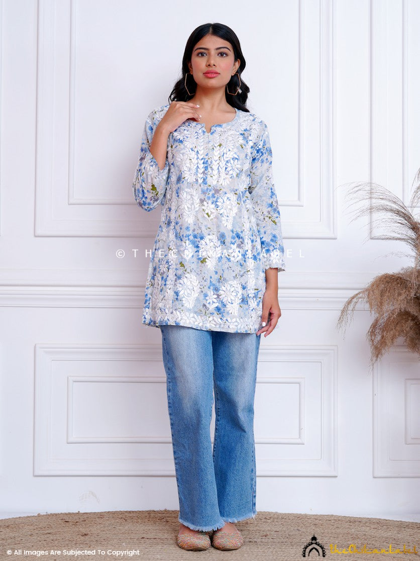 chikankari short kurti, chikankari tunic top, blue chikankari short kurti, chikankari short kurti in cotton fabric for women