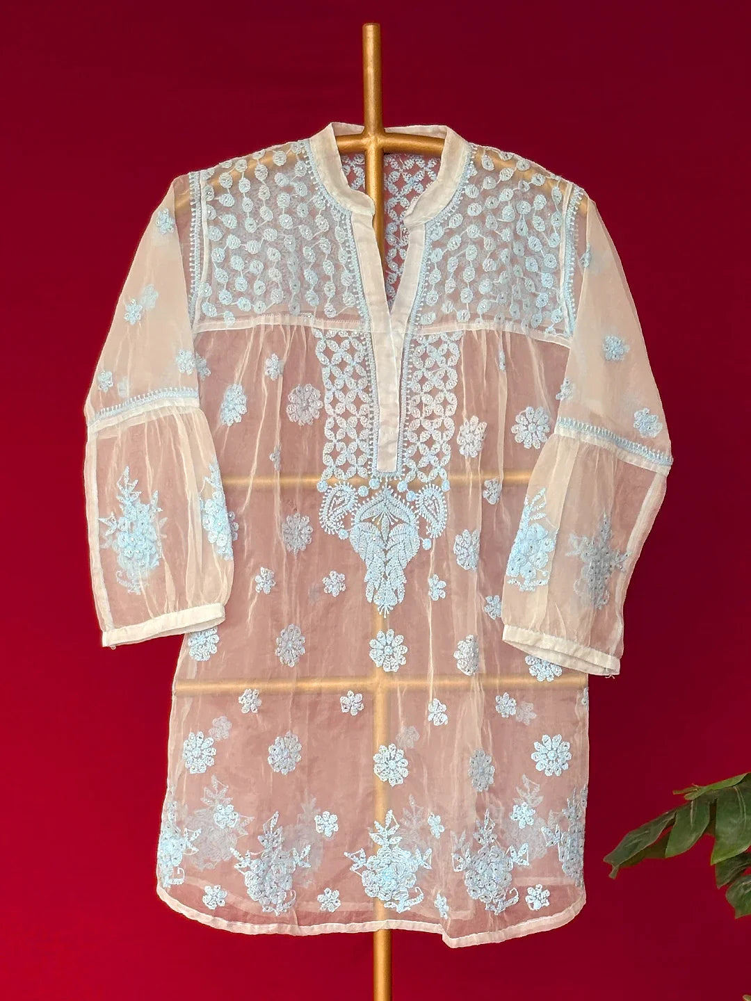 Aashna Organza Chikankari Short Kurta - Blue