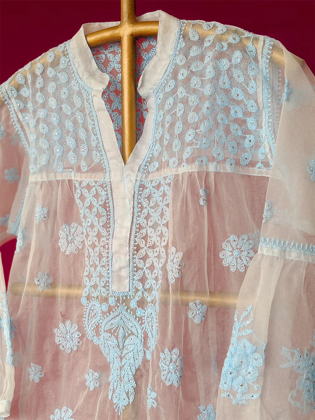 Aashna Organza Chikankari Short Kurta - Blue