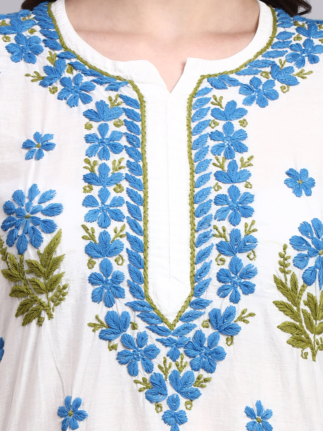 Handmade chikankari straight kurta crafted in lightweight Chanderi fabric with detailed embroidery on neckline and front panel