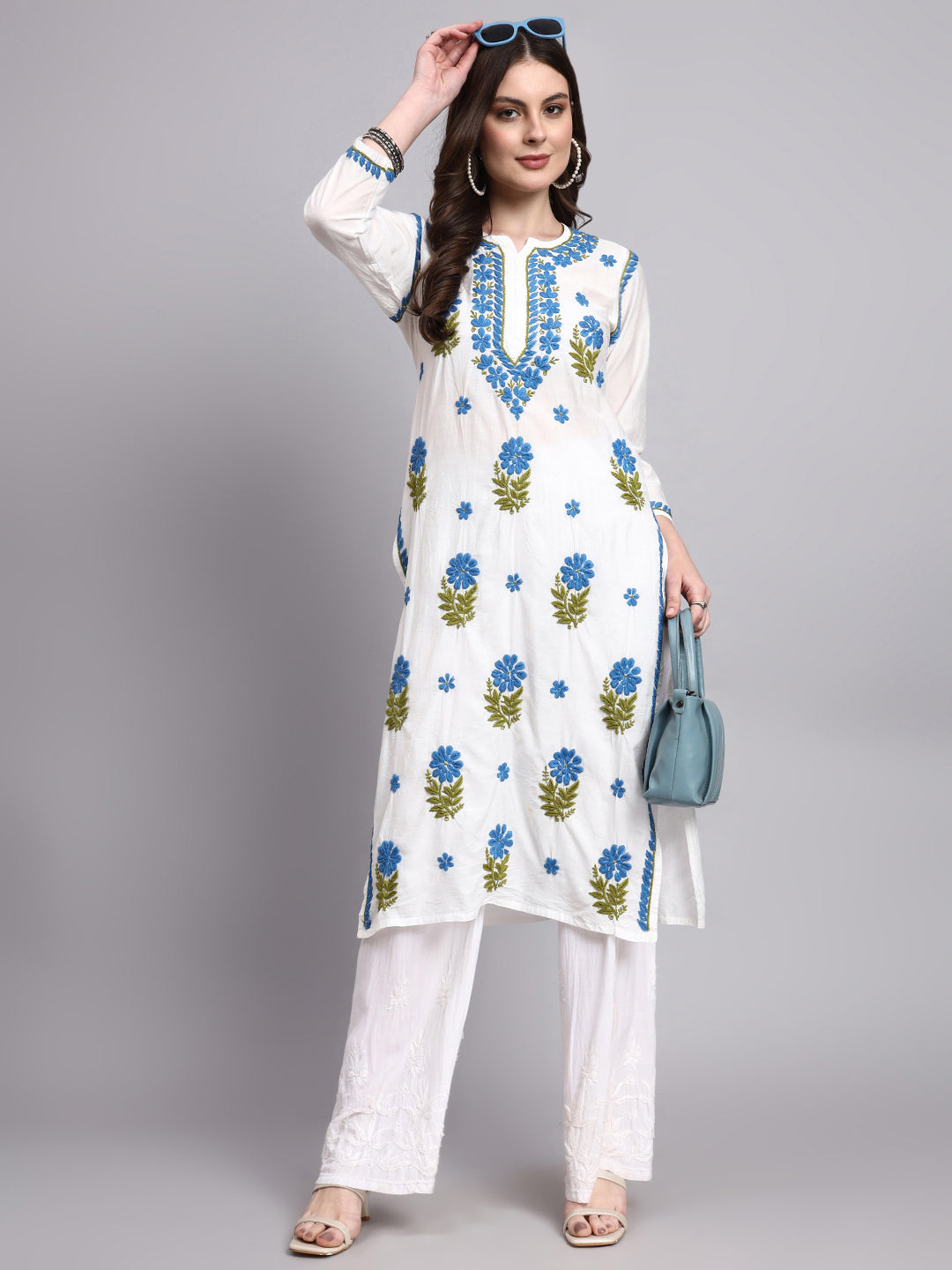 Traditional Chanderi long kurti with delicate chikankari hand embroidery for modern ethnic styling