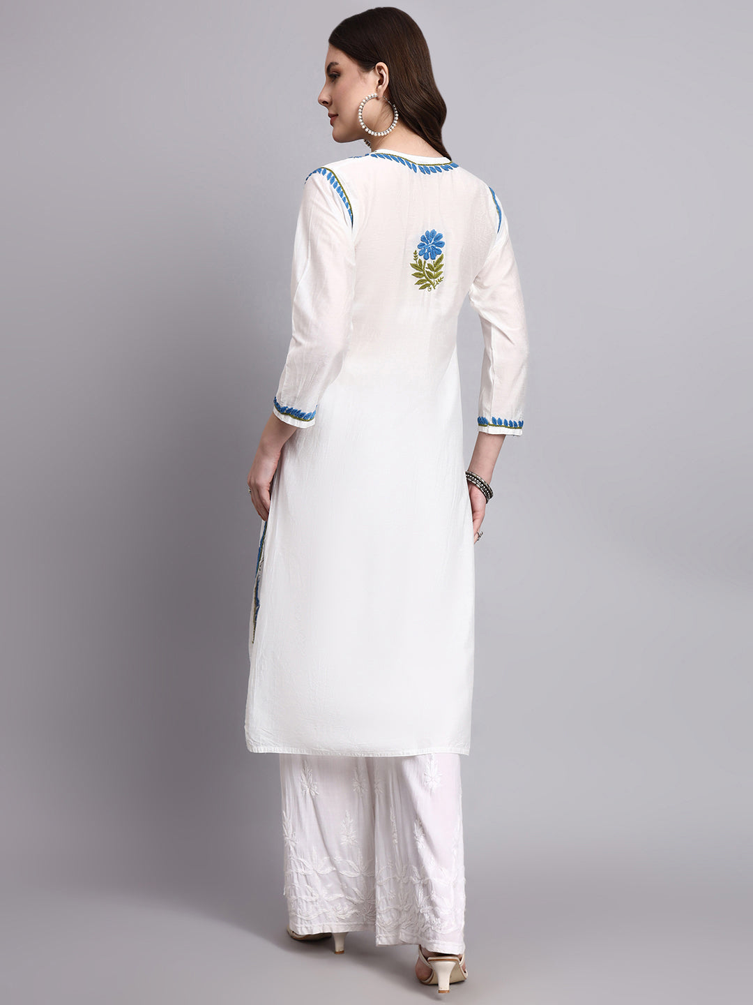 Women’s Chanderi long kurti with authentic hand-embroidered chikankari work for festive and office wear