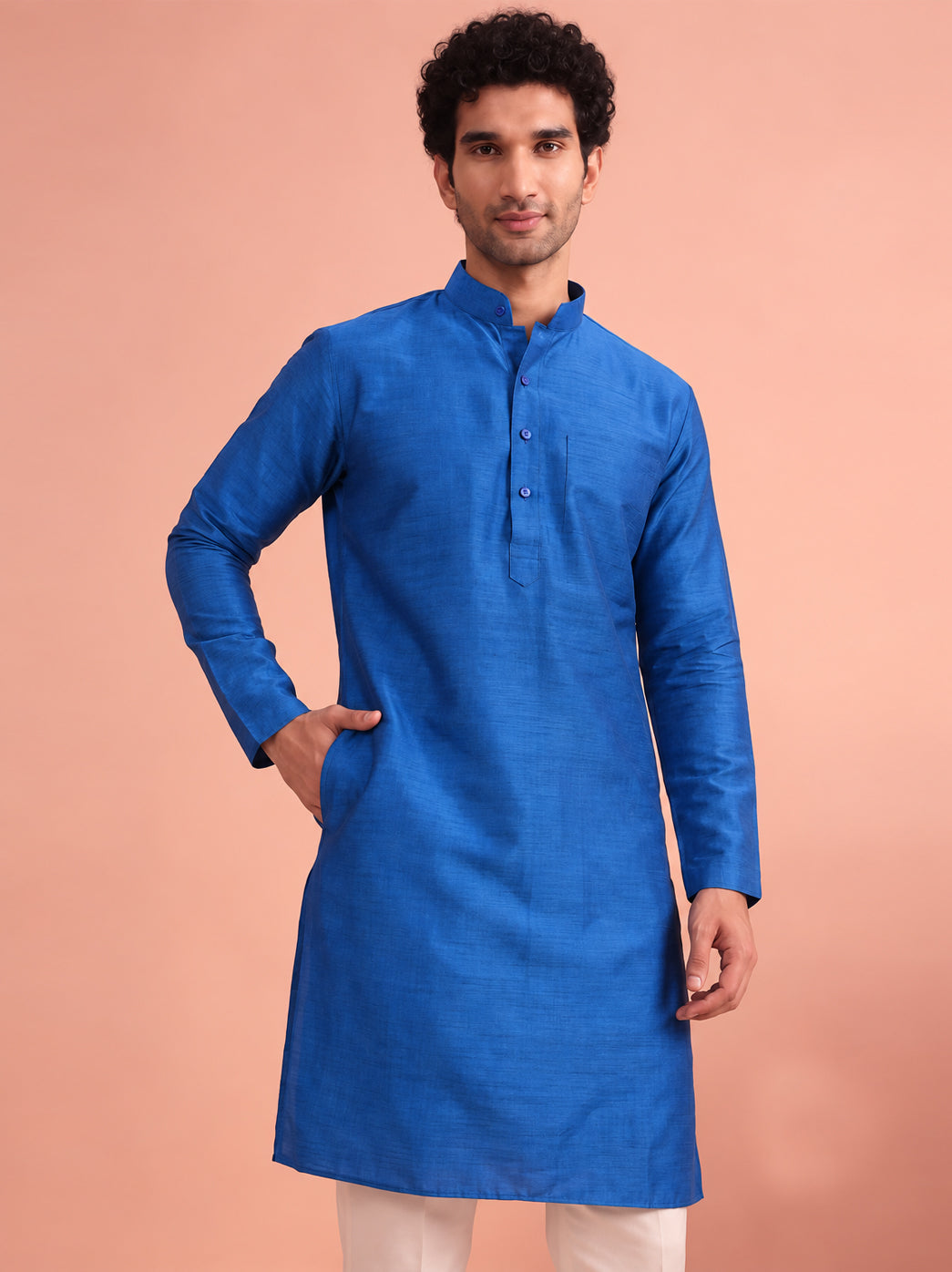 Straight mens kurta with a clean and versatile silhouette, traditional band collar, full sleeves, button placket, chest pocket, and comfortable fit for modern ethnic dressing