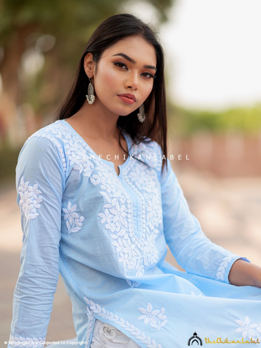 Blue Saba Cotton Chikankari Straight Kurti ,Chikankari Straight Kurti in cotton Fabric For Woman