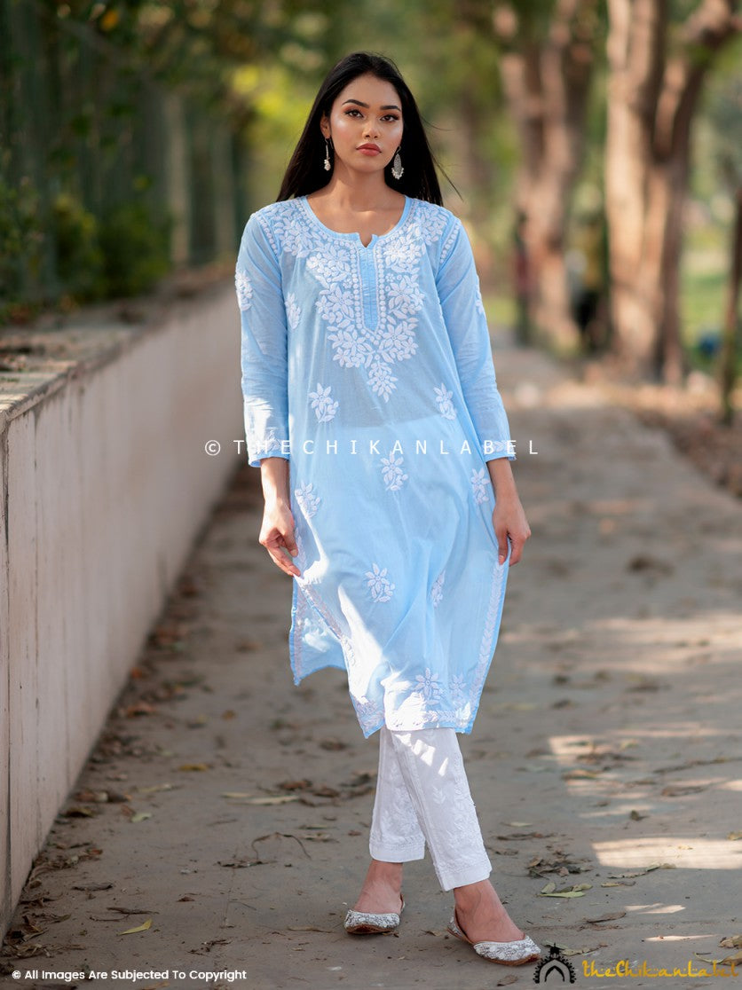 Blue Saba Cotton Chikankari Straight Kurti ,Chikankari Straight Kurti in cotton  Fabric  For Woman 