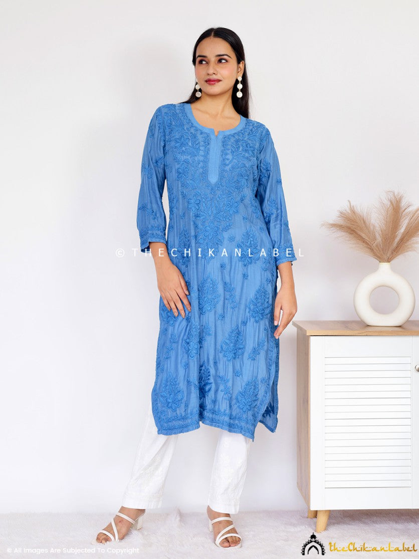 Blue Daksha Muslin Chikankari Straight Kurti