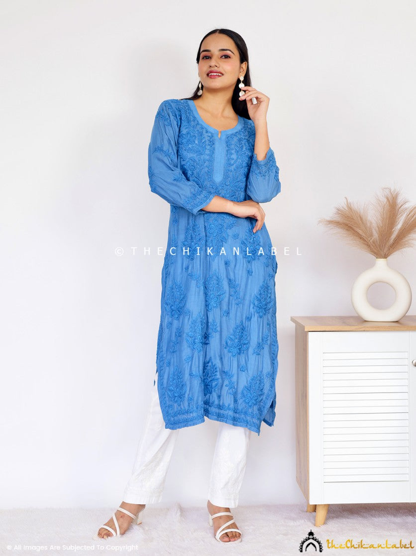 Blue Daksha Muslin Chikankari Straight Kurti