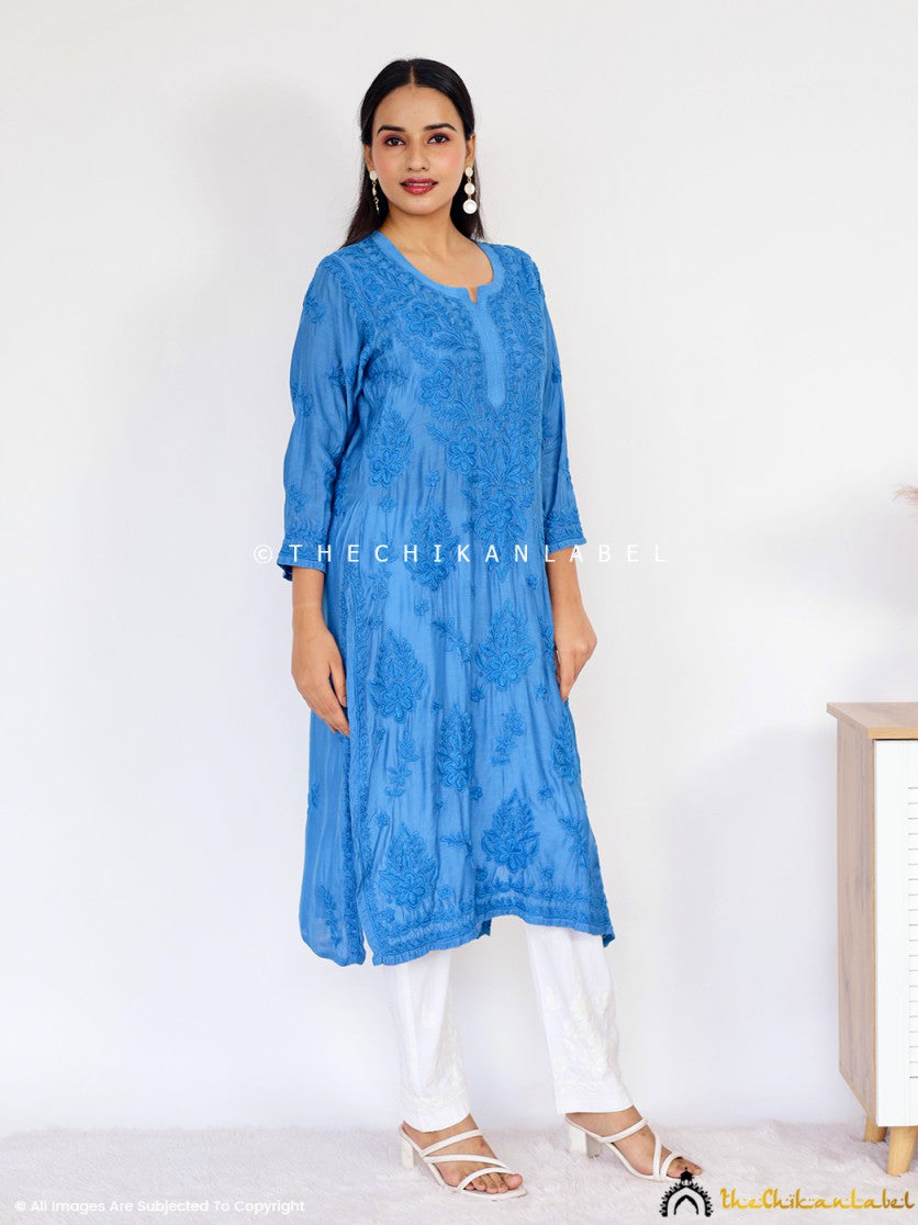 Blue Daksha Muslin Chikankari Straight Kurti