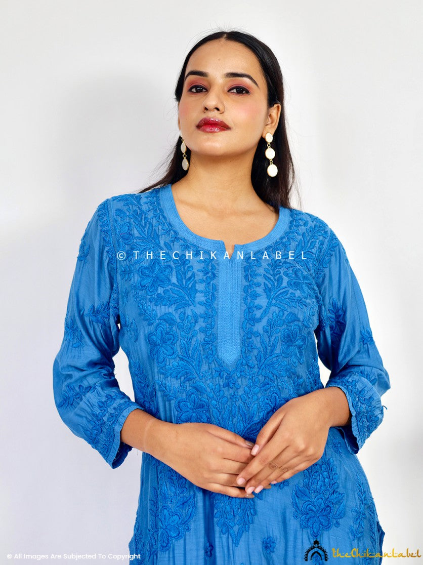 Blue Daksha Muslin Chikankari Straight Kurti