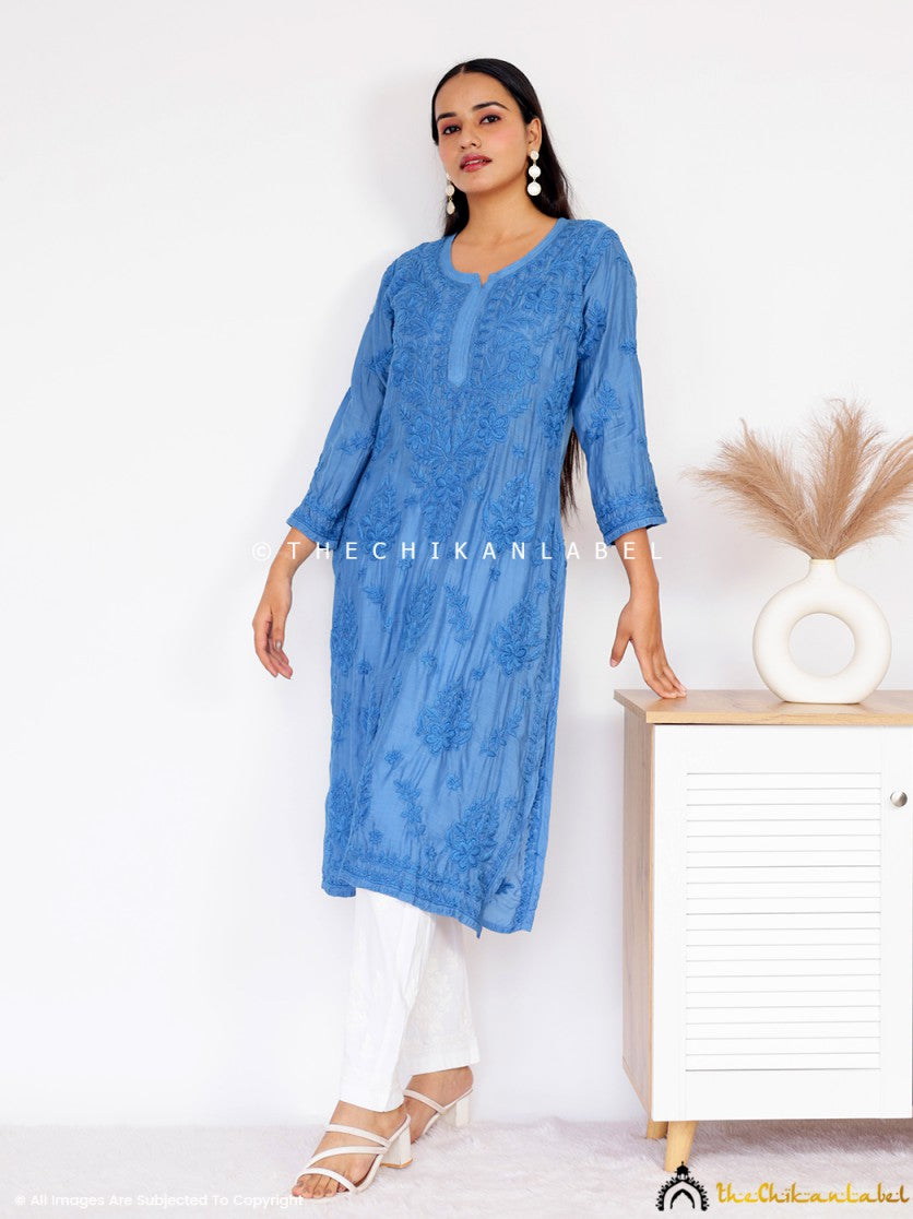 Blue Daksha Muslin Chikankari Straight Kurti