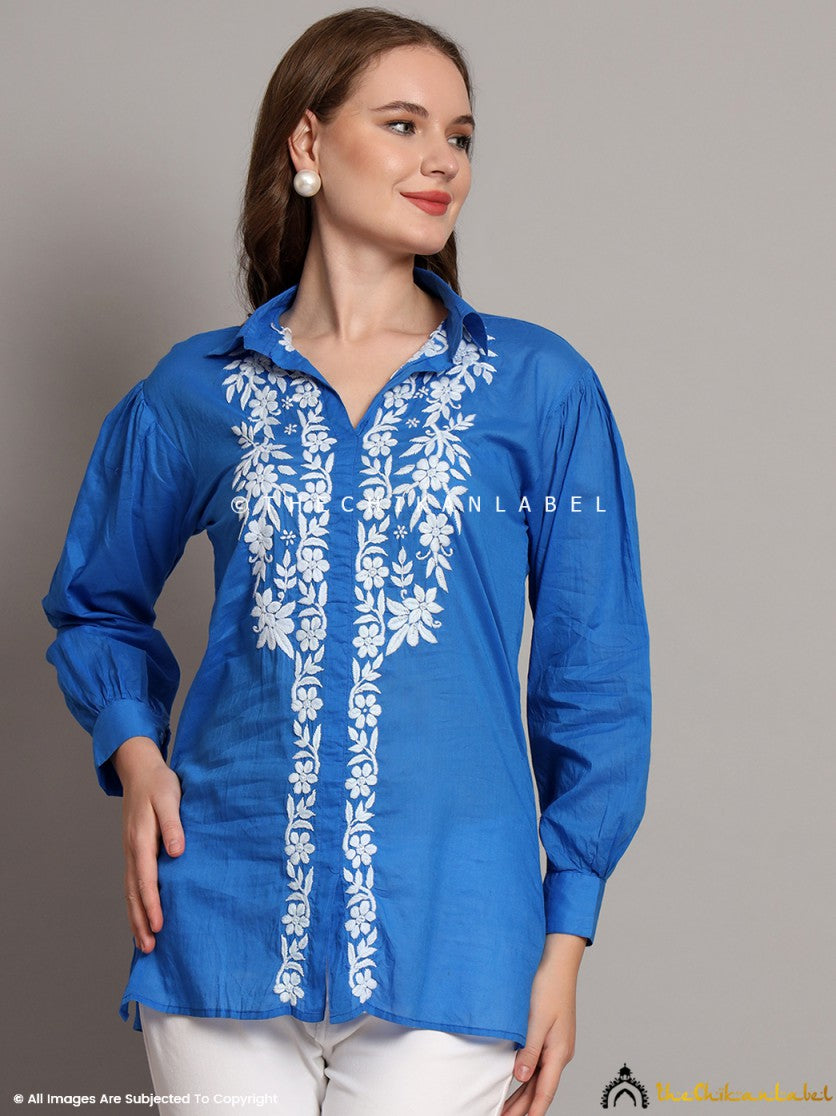 Blue Drisha Mulmul Cotton Chikankari Shirt