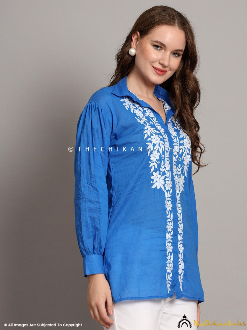 Blue Drisha Mulmul Cotton Chikankari Shirt