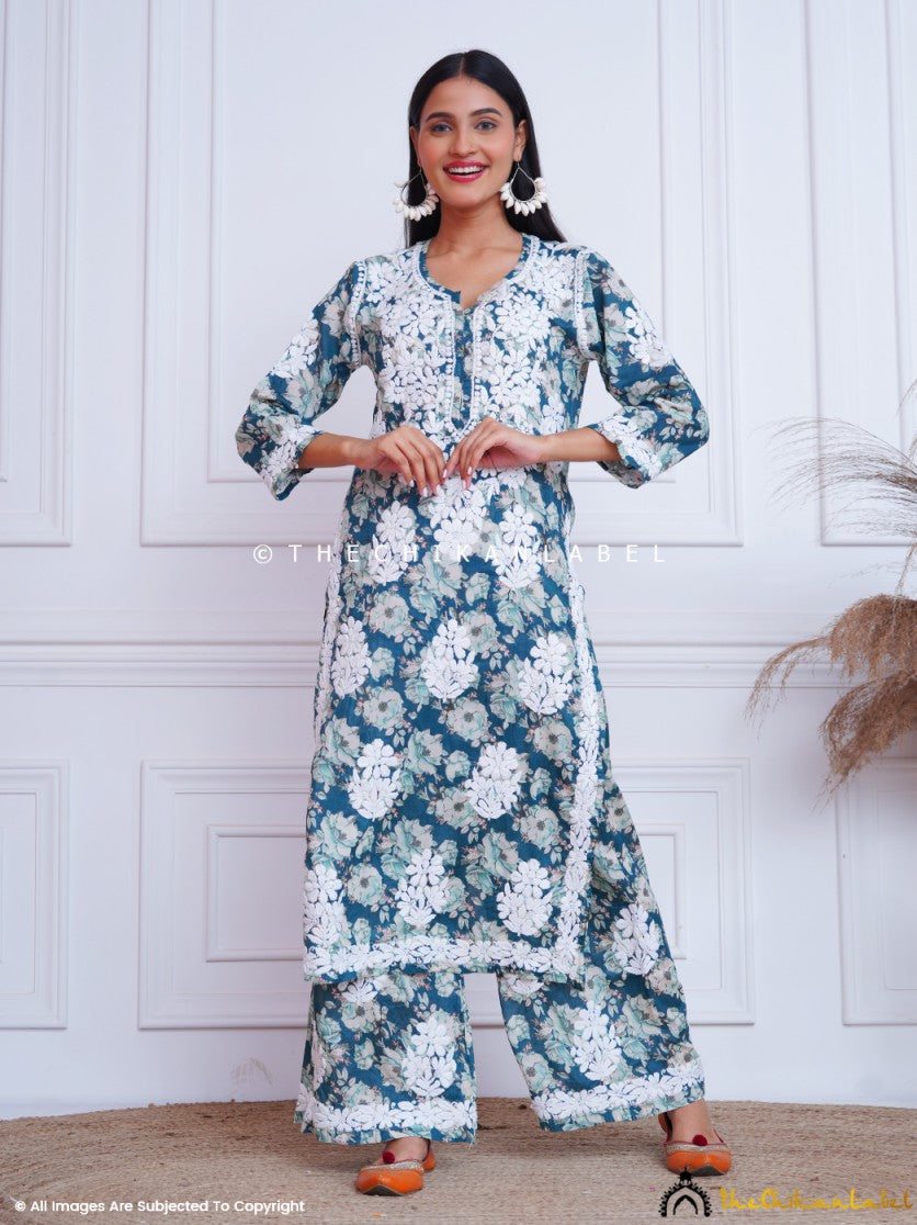Buy chikankari kurti palazzo set online at best prices, Shop authentic Lucknow chikankari handmade kurta kurti palazzo set in mulmul fabric for women