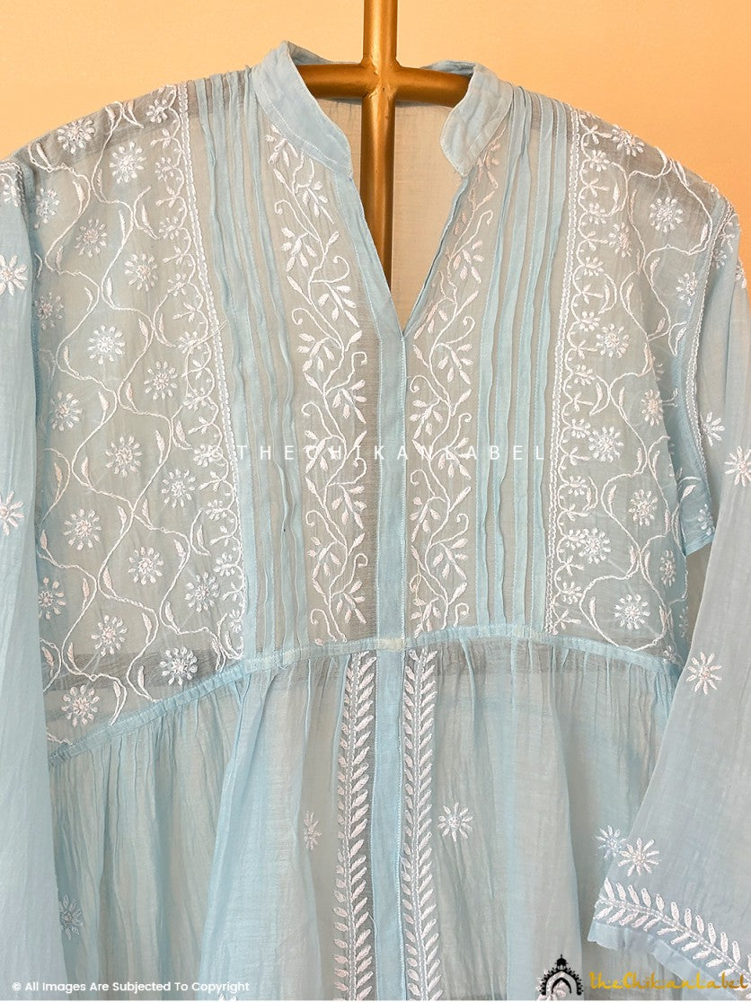 Blue Feba Mulmul Chanderi Semi-stitched Chikankari Shirt