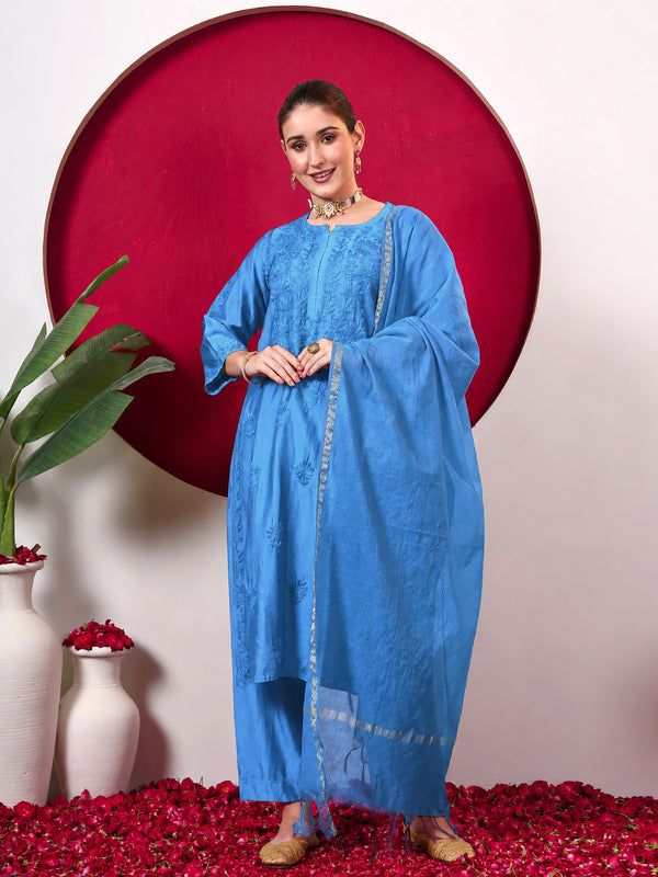 Hanshika Chanderi Chikankari Kurta Set with Dupatta - Blue