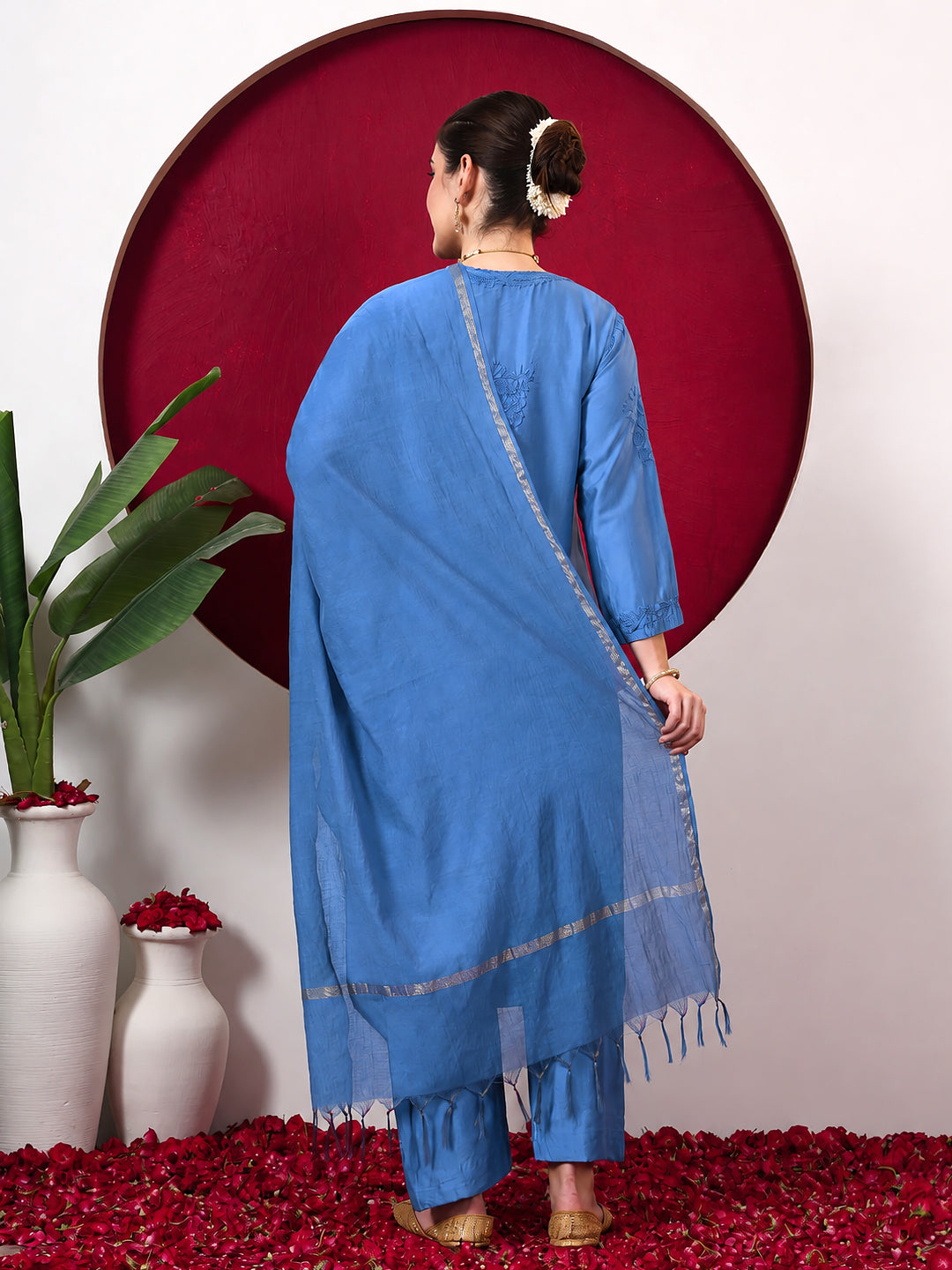 Hanshika Chanderi Chikankari Kurta Set with Dupatta - Blue