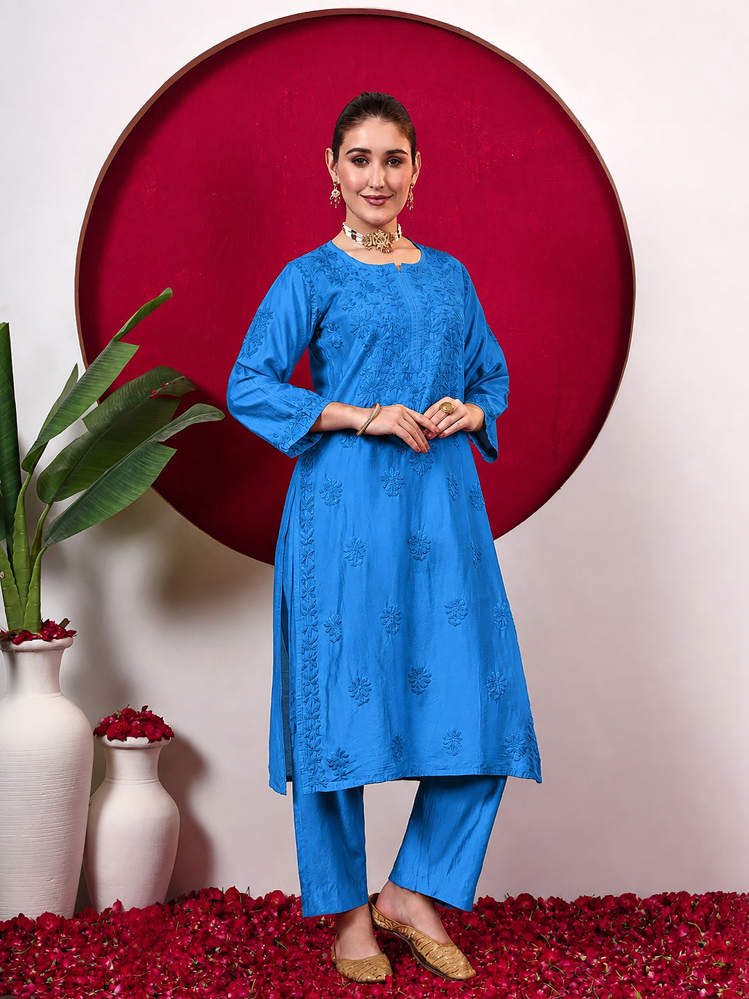 Hanshika Chanderi Chikankari Kurta Set with Dupatta - Blue