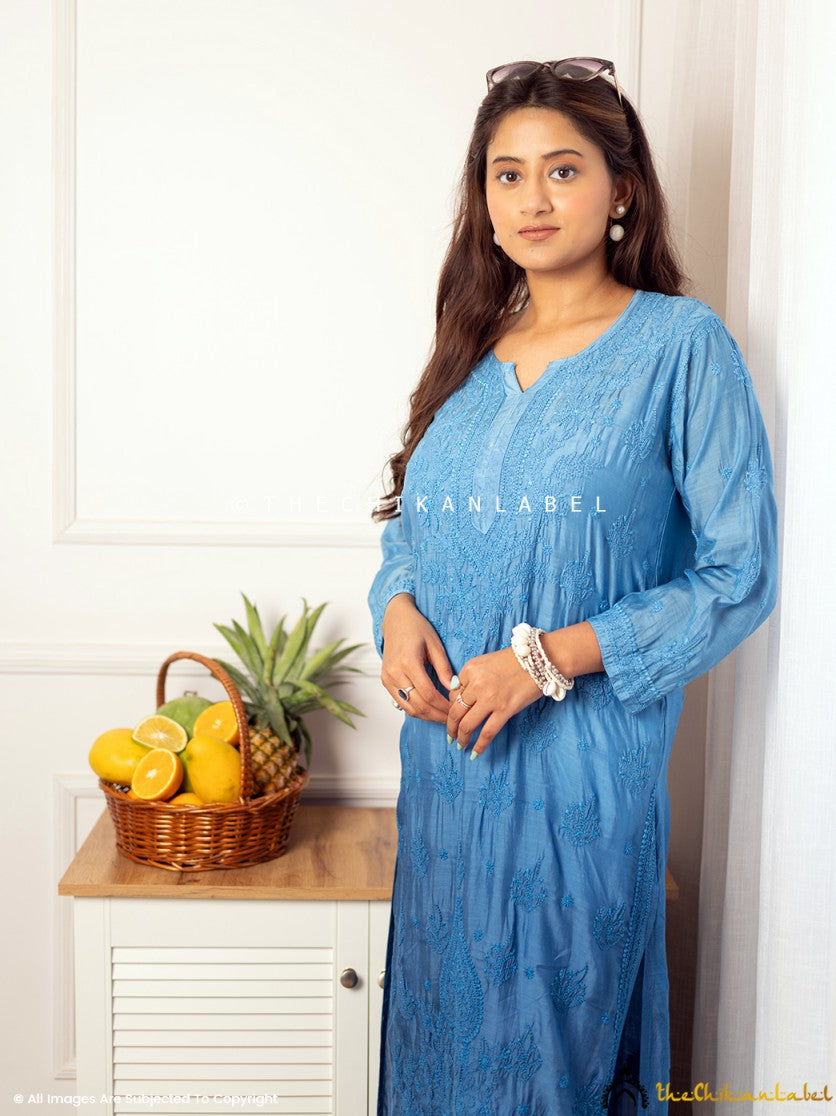 Blue Jivika Muslin Chikankari Straight Kurti