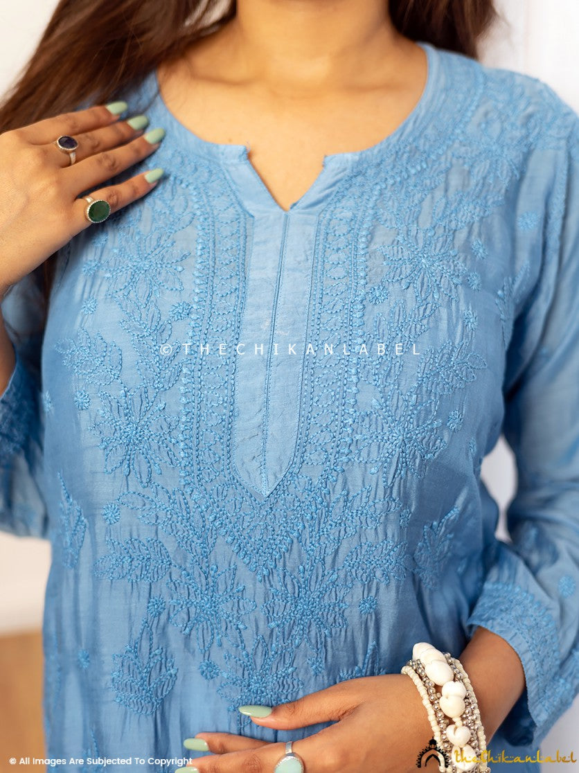 Blue Jivika Muslin Chikankari Straight Kurti