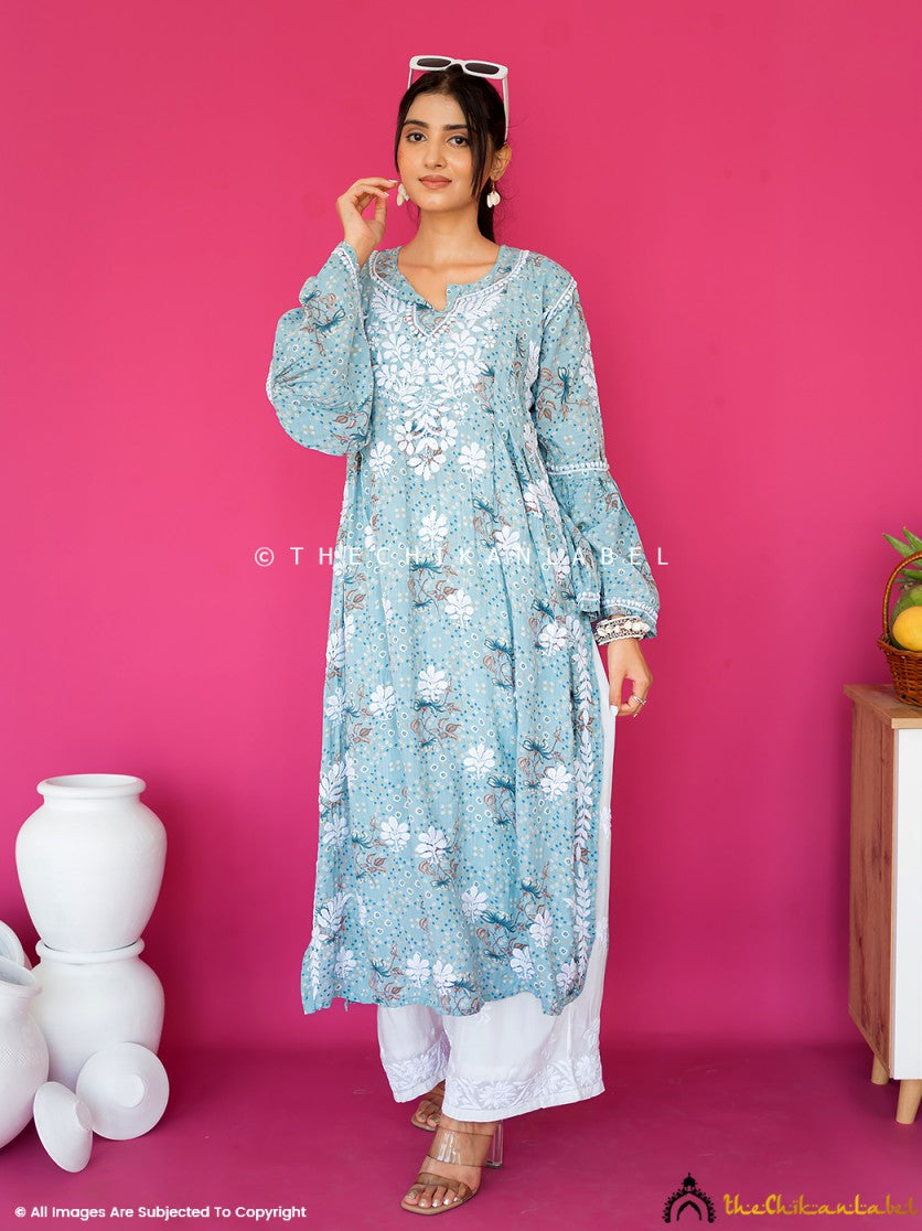 Blue Zoha Mulmul Cotton Chikankari A-Line Kurti