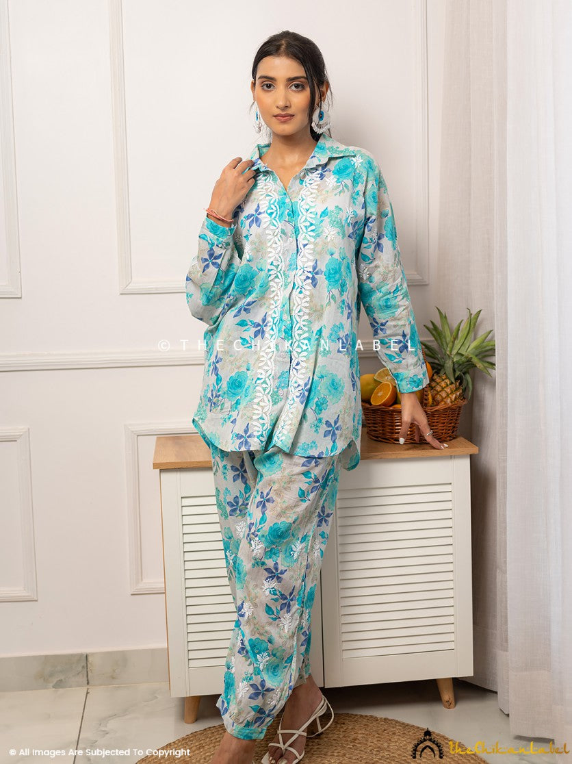 Blue Nadira Mulmul Cotton Chikankari Co-ord Set