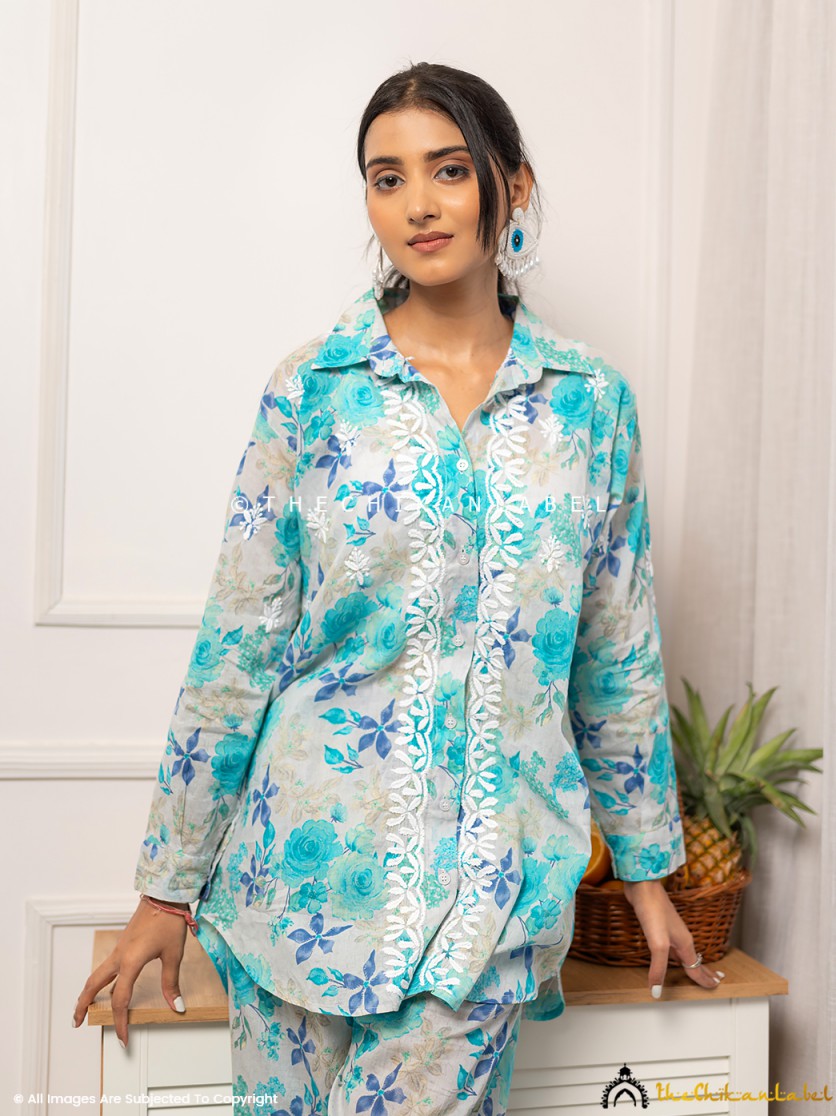 Blue Nadira Mulmul Cotton Chikankari Co-ord Set