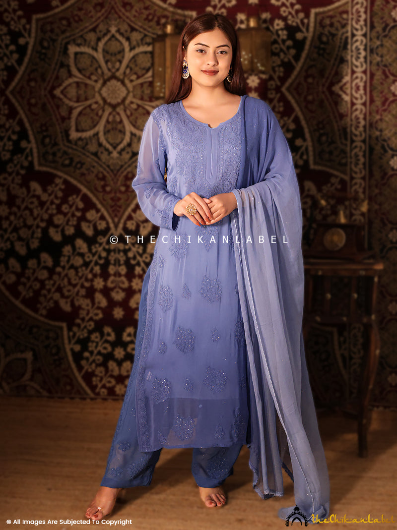Blue Noor Viscose Chikankari Straight Kurta Set with Dupatta