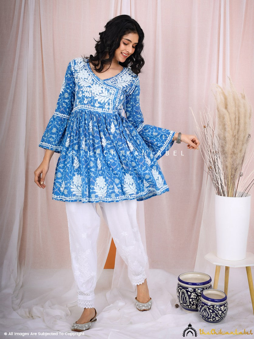 Blue Saanjh Mulmul Cotton Chikankari Angrakha Top ,Chikankari Angrakha Top in Mulmul Cotton Fabric For Woman