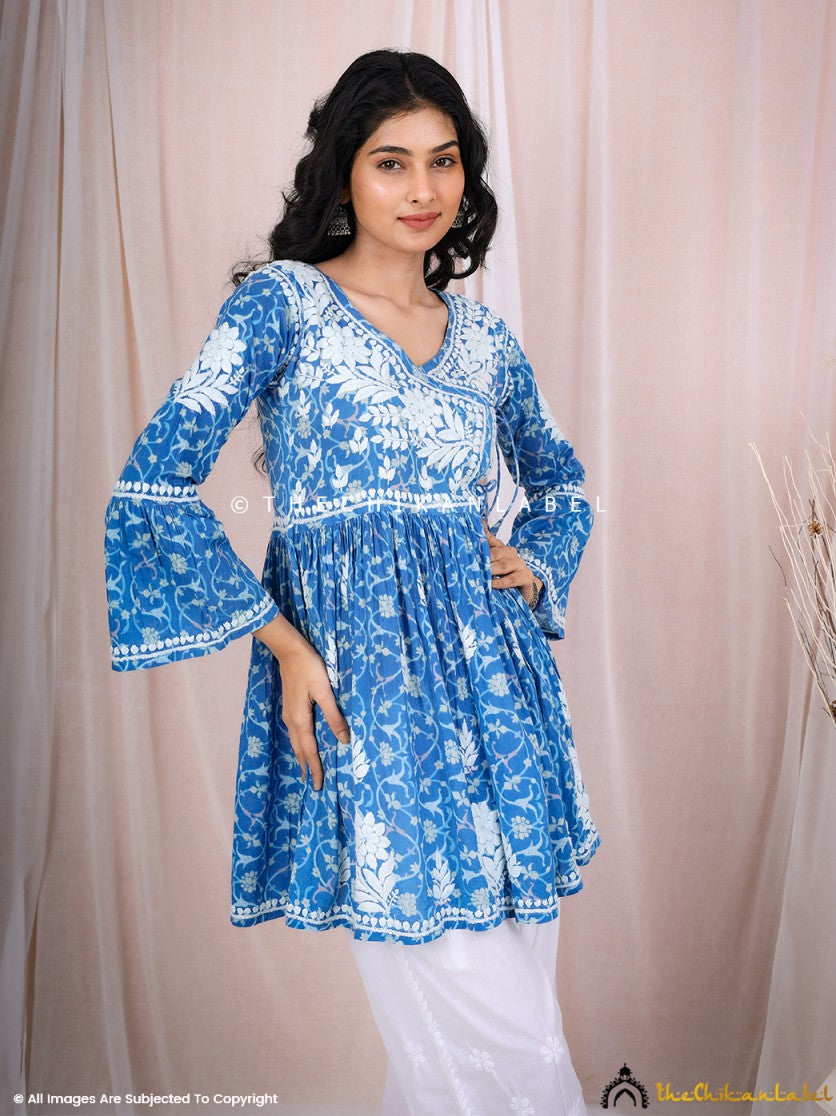 Blue Saanjh Mulmul Cotton Chikankari Angrakha Top ,Chikankari Angrakha Top in Mulmul Cotton Fabric For Woman