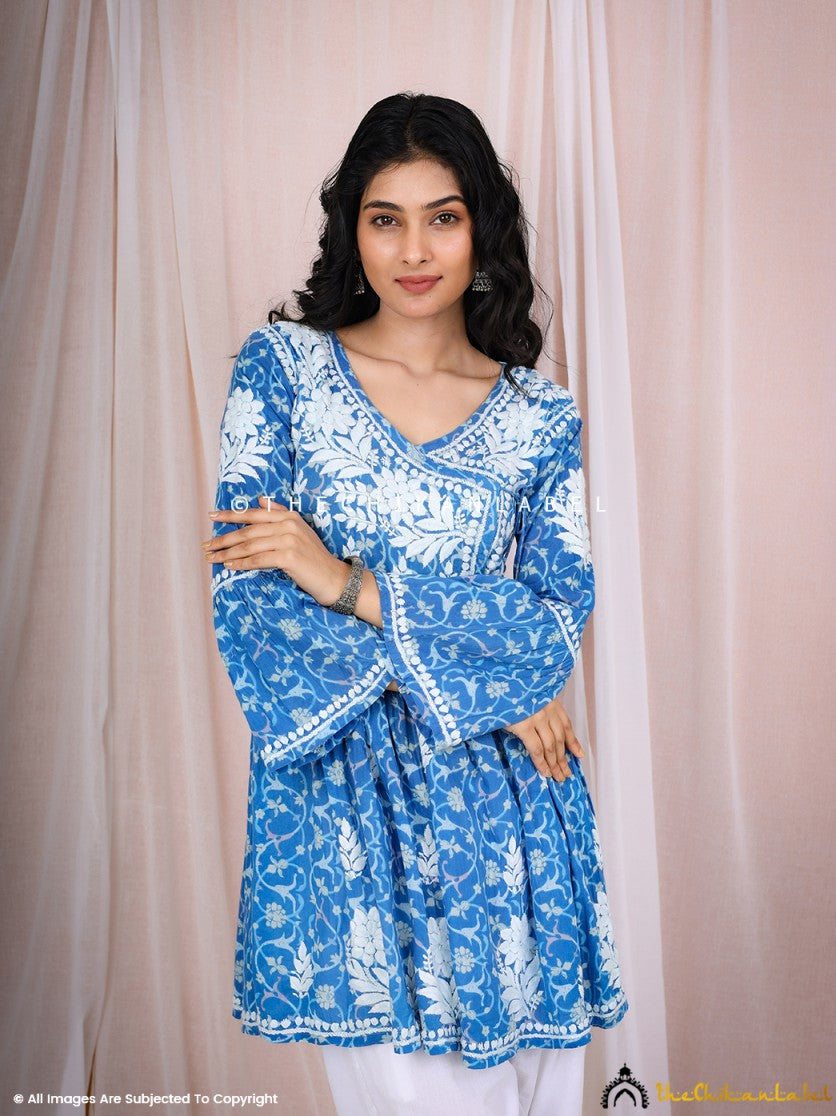 Blue Saanjh Mulmul Cotton Chikankari Angrakha Top
