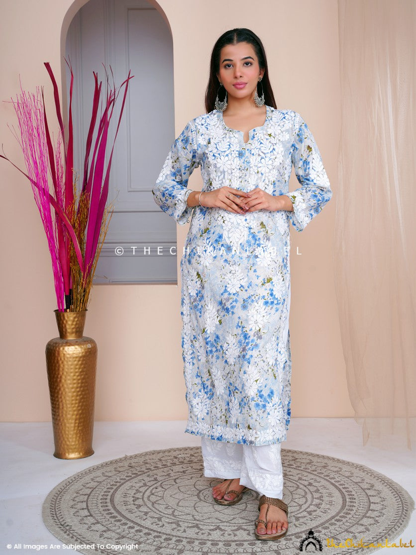Blue Sabiha Mulmul Chikankari Straight Kurti ,Chikankari Straight Kurti in Mulmul Fabric For woman