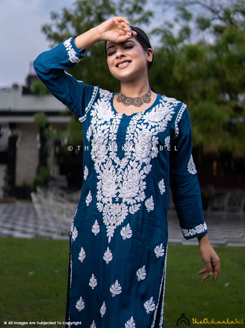 Blue Safa Muslin Chikankari Straight Kurti ,Chikankari Straight Kurti in Muslin Fabric For Woman