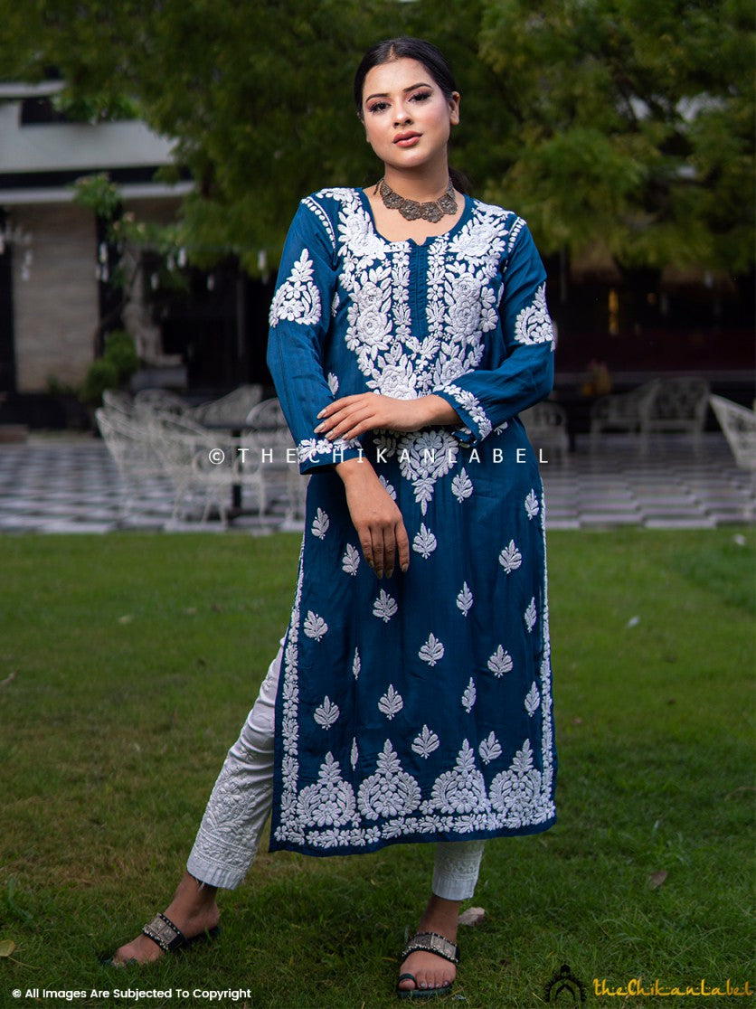 Blue Safa Muslin Chikankari Straight Kurti ,Chikankari Straight Kurti in Muslin Fabric For Woman