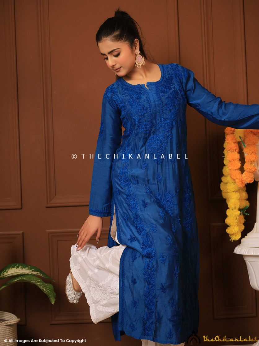 Blue Suha Chikankari Straight Kurti ,Chikankari Straight Kurti in Muslin Fabric For Woman