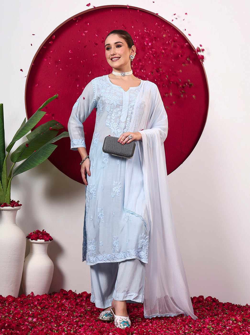 Yamika Muslin Chikankari Straight Kurta Set with Dupatta - Blue